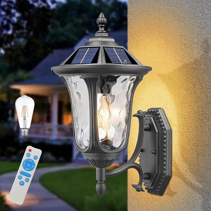 Outdoor Light Fixtures Wall Mount Dusk to Dawn Solar Exterior Wall Sconce Lanterns Remote Control with Water Ripple Glass Lamp Shade for Patio Yard House Hallway, 17'' Medium Black