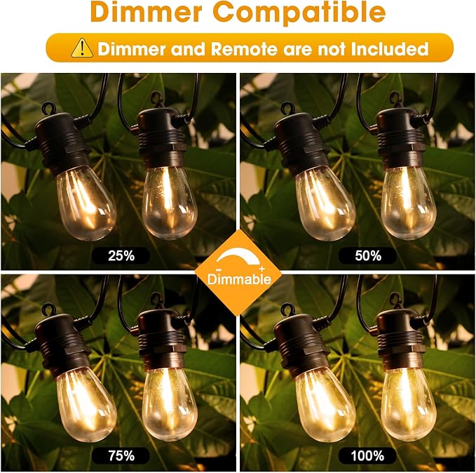GvvooHome 200FT(50FT*4) LED Outdoor String Lights Waterproof Patio Lights with 64 Shatterproof S14 Edison Bulbs(4 Spare), Dimmable Hanging Outdoor Light Connectable for Yard, Porch, 2700K Warm White