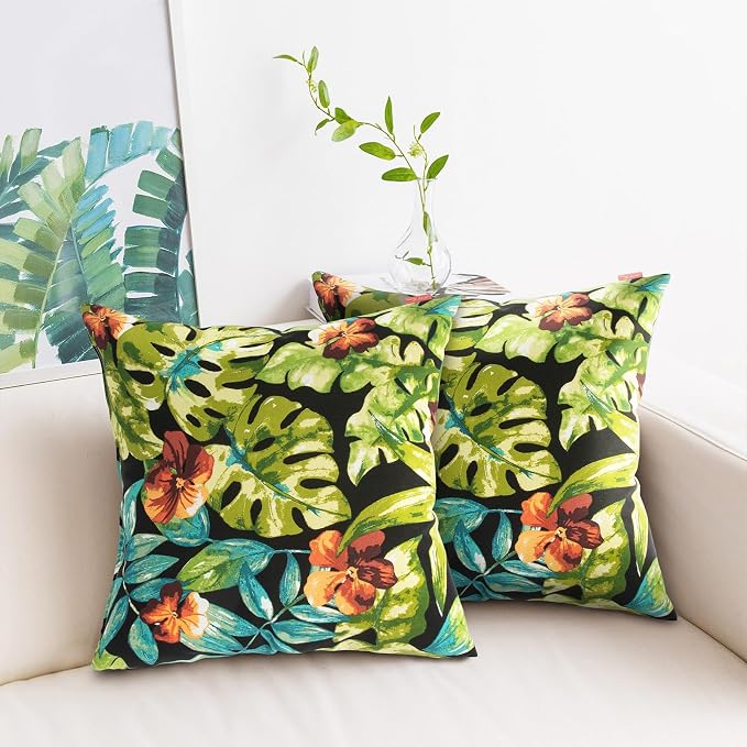 Throw Pillow Covers Set of 2,Outdoor Indoor Waterproof Decorative Patio Throw Pillowcase Shell 18x18 Inch, Square Cushion Case for Couch Sofa Garden Farmhouse Decoration-Tropical Green Leaves
