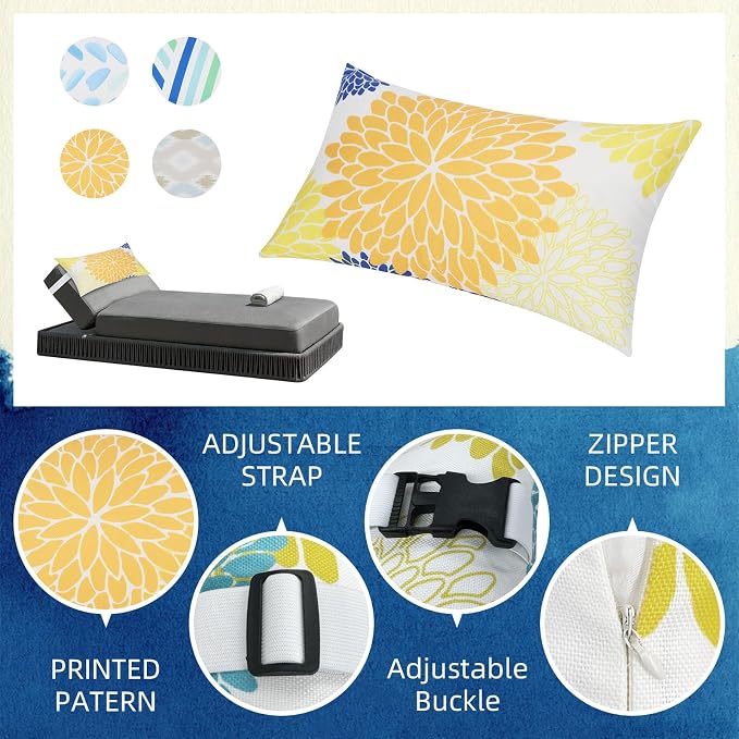 Chaise Head Rest Pillows Set of 2, Waterproof Outdoor Lounge Pillow Lumbar Pillows with Insert Adjustable Elastic Strap Decorative Pillows for Patio Beach Chair,Yellow Blue Flower