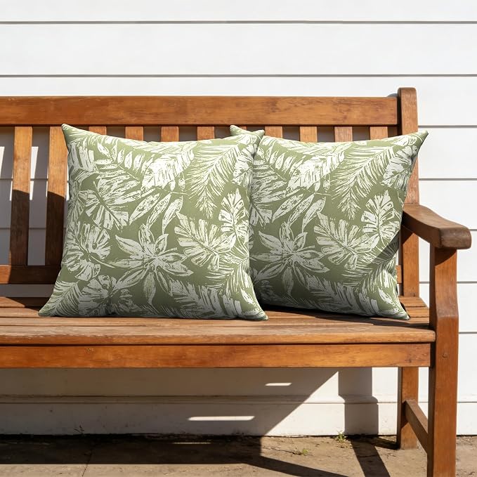 Outdoor Pillow Covers Waterproof 20x20 Inch Set of 2 Tropical Leaf Green Decorative Outside Patio Furniture Cushion Cases Decor for Porch Garden