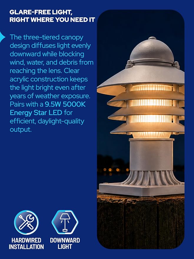 Nautical Pier Mount Outdoor Lighting - Salt-Air Tough Rust-Proof Non-Metallic Coastal Lamps - UL Listed Dock Lights - Patio Fence Deck Porch Lights Outdoor - USA Made, Short, Decorated, White | Anti-Rust Outdoor Coastal Fixture for Pathways & Walkways,...