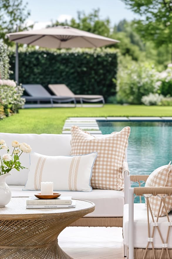 Hofdeco Premium Coastal Hampton Scalloped Patio Indoor Outdoor Throw Pillow Cover Only, 20"x20" Water Repellent for Backyard, Couch, Poolside, Neutral Tan Print Gingham