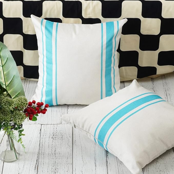 ONWAY Outdoor Pillow Covers Waterproof 16x16 Set of 2 Decorative Linen Throw Pillow Cover Beige and Blue Striped Outdoor Pillows for Patio Furniture