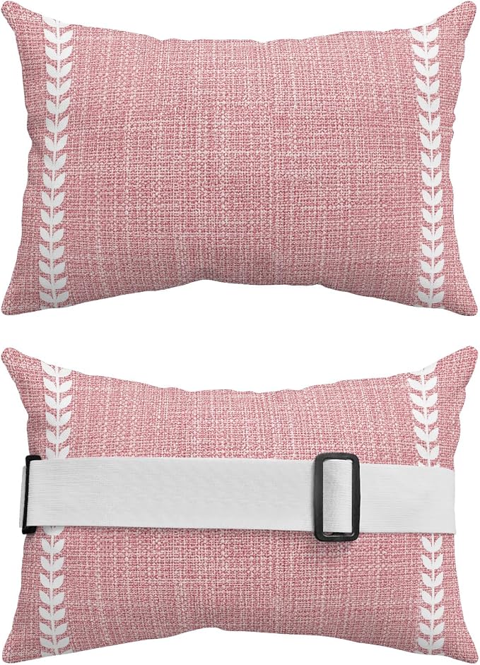 Pink Linen Outdoor Lumbar Pillow 11x16 Inch, Modern Rustic Simple Stripes Botanical Waterproof Throw Pillow Covers with Insert, Decorative Chair Cushions for Patio Garden Recliner