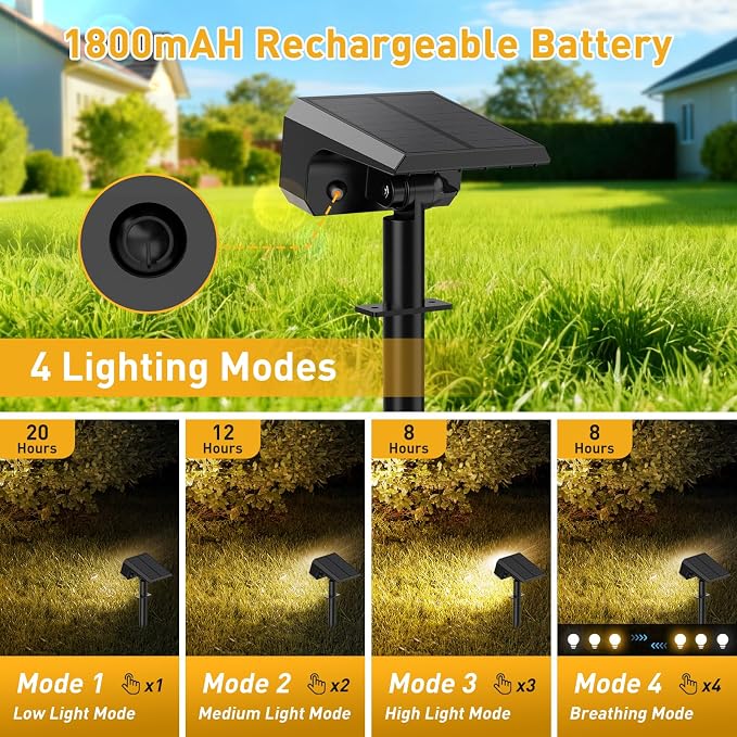 Solar Spot Lights Outdoor, 4 Pack Solar Landscape Lights with 100 LEDs Each, 4 Lighting Modes, IP65 Waterproof, 2-in-1 Adjustable Solar Spotlights for Yard Garden Pathway Driveway(Warm White)