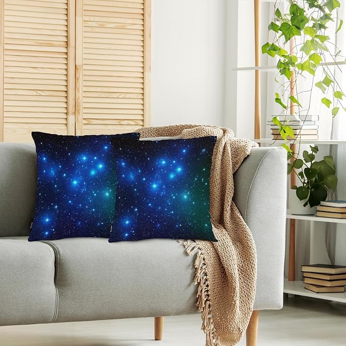 Swono Set of 2 Galaxy Stars Pillow Covers 18 X 18 Inch, Starry Night Glitter Stars Outer Space Square Decorative Throw Pillow Covers for Sofa Couch Bed,Outdoor Indoor Pillowcase Cushion Cover