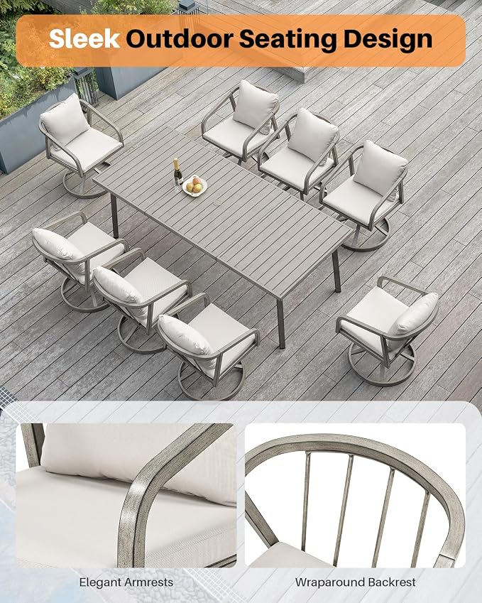 2-Piece Outdoor Swivel Chairs, Patio Dining Chairs with Removable Cushions, Never-Rust Aluminum Outdoor Dining Chairs with Wraparound Seating Design for Garden, Deck, Backyard, Gray Oak