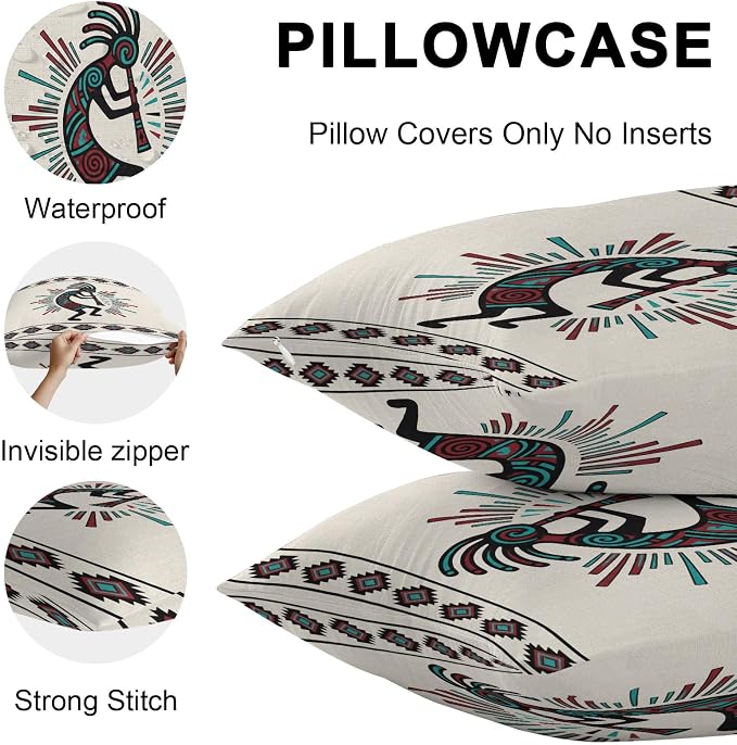 Boho Southwest Waterproof Outdoor Throw Pillow Covers 18''x18'' Pack 2, Aztec Ethnic Native Human Ethnic Plaid Pillow Cases Throw Cushion Cover with Zipper, Washable Pillowcase for Poolside Sofa
