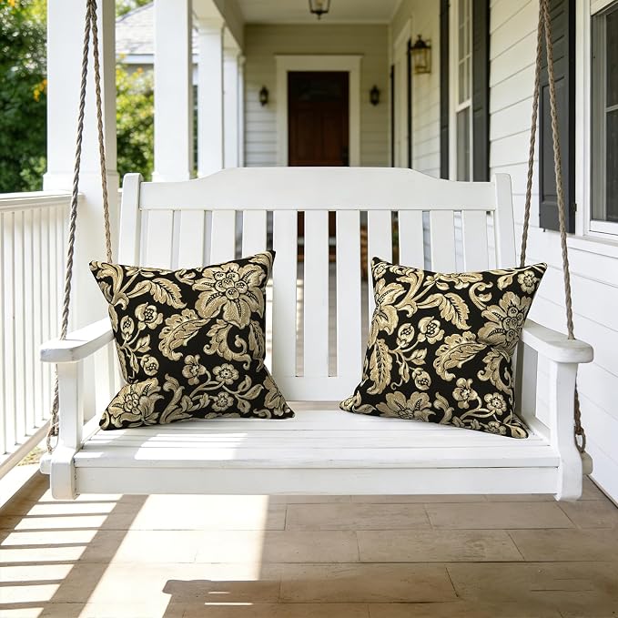 LVTXIII Outdoor Throw Pillows 16x16 Inch, Set of 2 Square Decorative Pillows with Inserts for Patio Furniture, Porch Chair, Garden Sofa, Jacobean Black