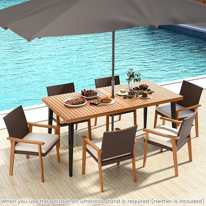 Tangkula 7 Pieces Patio Dining Table Set, Outdoor Rectangular Acacia Wood Table with 1.97” Umbrella Hole & 6 Cushioned Armchairs, for Garden, Deck, Yard
