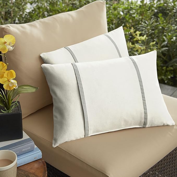Sorra Home x Sunbrella - Indoor/Outdoor Lumbar Pillows (Set of 2), Canvas Natural Ivory & Charcoal Grey