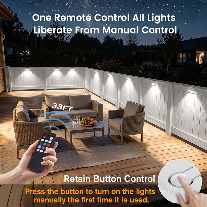Bridika Solar Deck Lights Outdoor with Remote, L-Shaped Design, White 16 | Remote sync all lights, 9 Colors & 3 modes, LED, IP65 waterproof, Dusk to dawn, for fence/deck/patio/stairs/railing/wall
