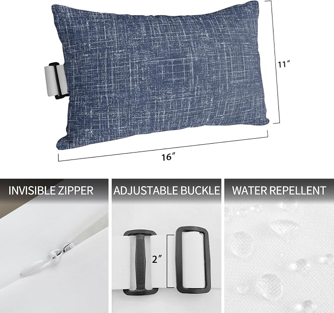 Outdoor Lumbar Pillow Set of 1, Navy Blue Waterproof Beach Headrest Pillow with Inserts, Farmhouse Vintage Blue Solid Color Modern Recliner Throw Pillows for Patio Furniture, 11 x 16