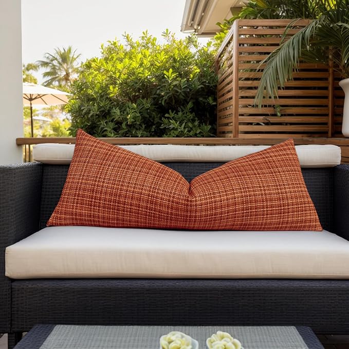 Kevin Textile Outdoor Waterproof 14"x36" Pillow Cover 1 Pack, Burnt Orange | Fall Water Resistant, Faux Linen Yarn-dyed, Woven Texture Throw Pillow Covers for Tent Patio Garden Couch Sofa