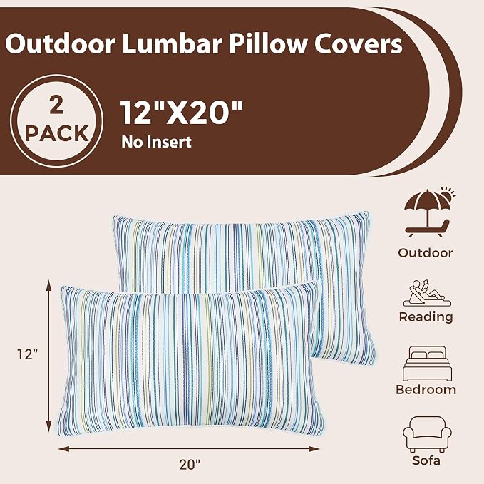 FUNHOME Outdoor Lumbar Pillow Covers 12X20 Inch, No Insert-Blue Stripe | Patio Lumbar Cases Pack of 2, Water-Repellent, Throw Pillowcase for Couch Garden Furniture