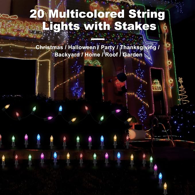 TIORIY C9 LED Christmas Pathway Lights Outdoor, 24.2ft Multicolored LED Christmas Light with Stakes, Connectable 30 Sets Xmas Decoration Light Outside, Walkway String Light