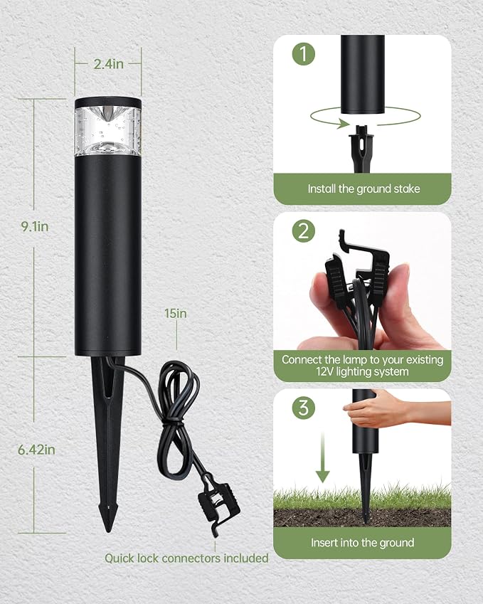 LITFIT 12Pack Low Voltage Bollard Landscape Lights, 12V Aluminum Path Light | 5W 3000K Warm White Electric Outdoor Garden Light with Connectors, 50000H Waterproof Wired LED Lawn Walkway Light, ETL Listed