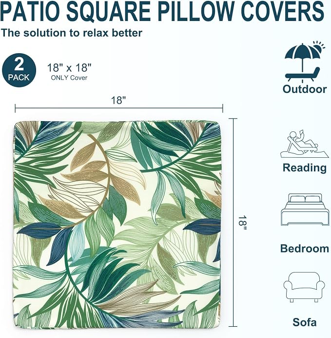 DYTXIII Pack of 2 Outdoor Waterproof Pillow Covers ONLY, 18"x18" Square Decorative Double Printed Throw Pillow Cases for Patio Couch Porch Furniture, Lush Leaf Green