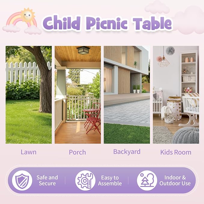 Kids Table and Chair Set, Toddler Plastic Outdoor Table & Bench Set with Removable Umbrella, Children Picnic Table Fits 4 Children for Backyard Garden, Pink & Purple