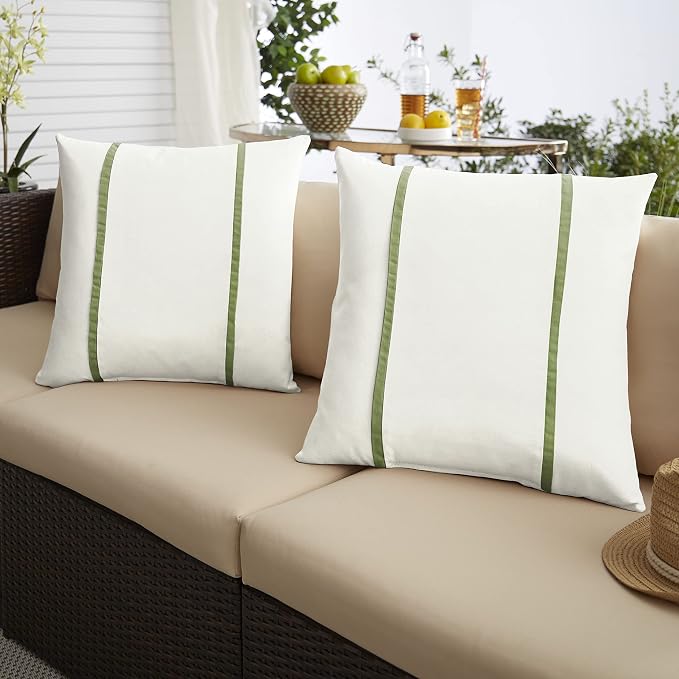 Sorra Home x Sunbrella - Indoor/Outdoor Square Pillows (Set of 2), Canvas Natural Ivory & Cilantro Green