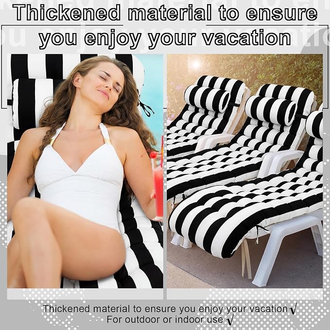 Tudomro Outdoor Chaise Lounge Cushion 66x21x4'' Waterproof & Fade-Resistant Patio Pool Chaise Lounge Cushion Headrest Pillow Tie Replacement Rocking High Back Chair(Black, White Stripe,1 Pcs)