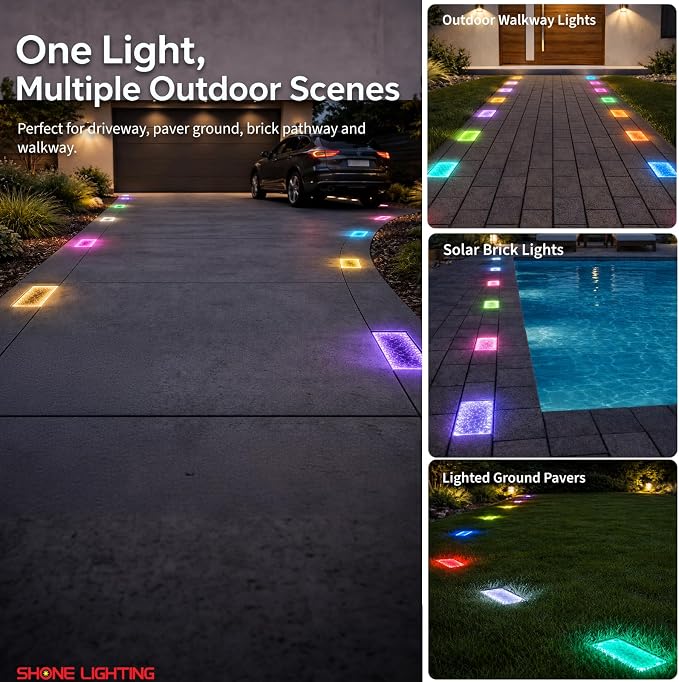 4x8 Solar Ground Lights, 12-Color Paver Light, RGB-W, 1Pack | Outdoor Waterproof, Recessed Lighting Bricks, Color Changing, Driveway, Pathway, Landscape, Heavy Duty, Car Weight Bearing