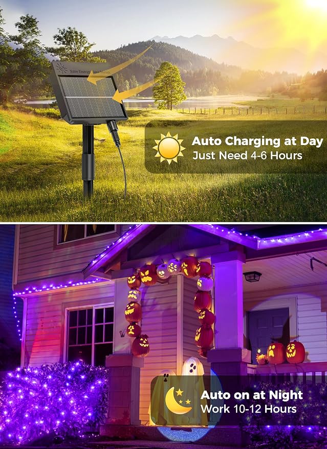 Minetom Solar Halloween Lights Outdoor, 40FT 100 LED Halloween String Light | Halloween Decoration Outdoor with 8 Modes, Black Wire, Waterproof Solar String Lights for Outside Tree Yard Party, Purple