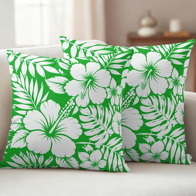 Green Hibiscus Flowers Waterproof Outdoor Pillow Covers Set of 2 Home Decor, Tropical Monstera Leaves Pillowcase Patio Pillow Covers for Couch Bench Patio Furniture Garden 24x24in