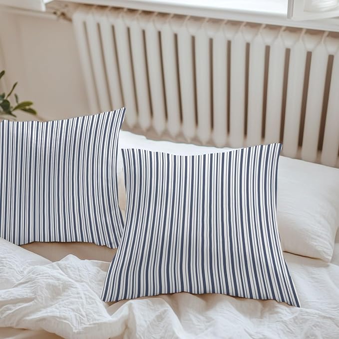 Navy Blue Vertical Stripes Waterproof Outdoor Pillow Covers Set of 2 Home Decor, Pinstripes Apricot Lines Pillowcase Patio Pillow Covers for Couch Bench Patio Furniture Garden 26x26in