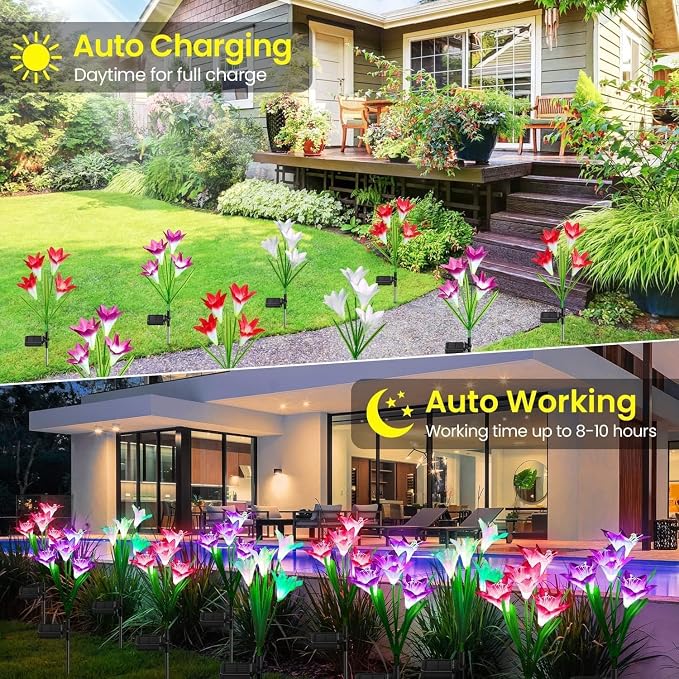 KOOPER Outdoor Solar Lights, 10 Pack Solar Garden Light with Bigger Lily Flowers, Waterproof 7 Color Changing Solar Lights Outdoor - Bigger Panel for Patio Yard Garden Decoration, Gift for Mom