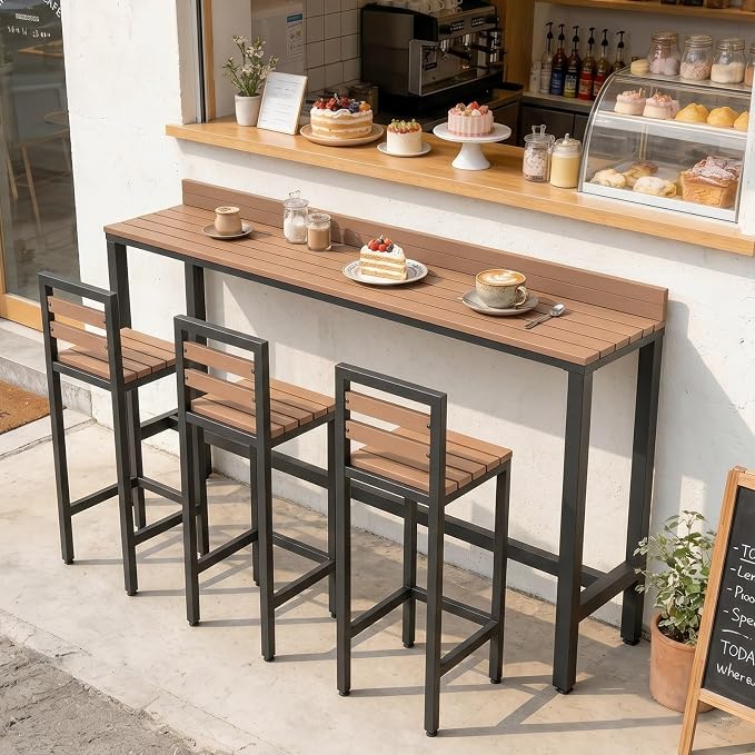 Outdoor Patio Bar Height Table with Baffle, Weather Resistant High Counter Table Porch Pub Tables Wood-Plastic Tabletop, for Poolside Garden Balcony Restaurant Cafe(Black,70.8"x15.7"x40.5")