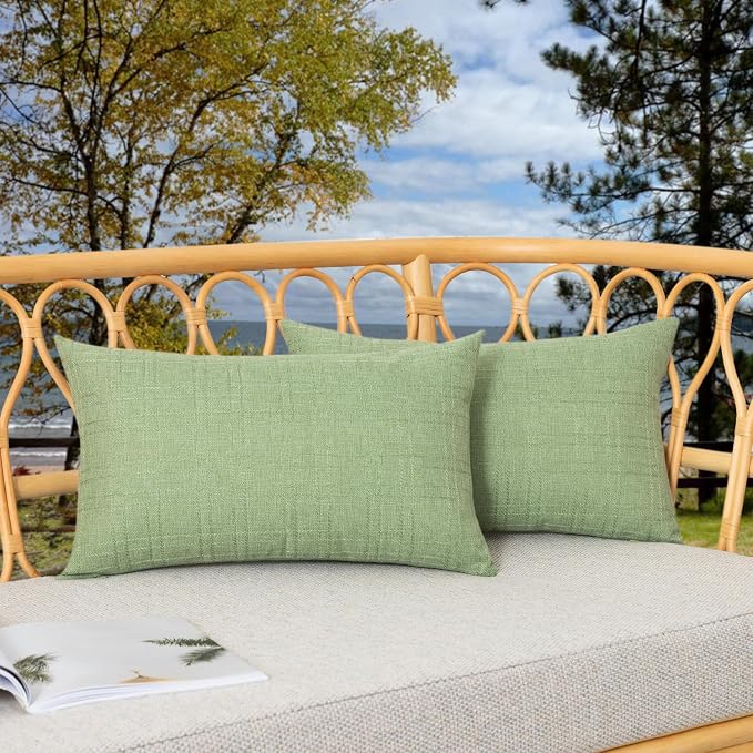 Kevin Textile Outdoor Waterproof 12”x20” Pillow Covers 2 Pack, Sage Green | Water Resistant, Soft Faux Linen-cotton Yarn-dyed Woven Texture Throw Pillow Covers for Tent Patio Garden Couch Sofa