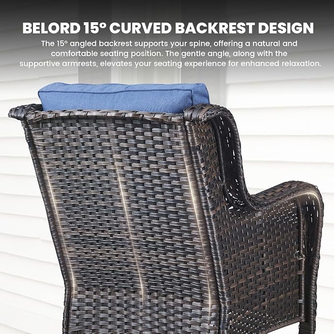 Belord Outdoor Furniture Set Patio Wicker Chairs, 3 Peices Porch Rattan Furniture with Side Table, Deep Seating Patio Bistro Chair Sets (Blue Cushion)