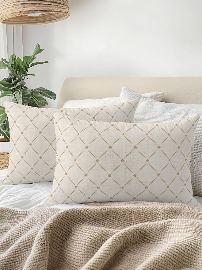 Vandarllin Waterproof Outdoor Pillow 1 Pack Beige Grid Plaid Decorative Throw Pillows Cover & Insert 20x12 Inch Lumbar Pillowcase Diagonally Crossed Lines Pillows for Couch Sofa Bed Patio Furniture