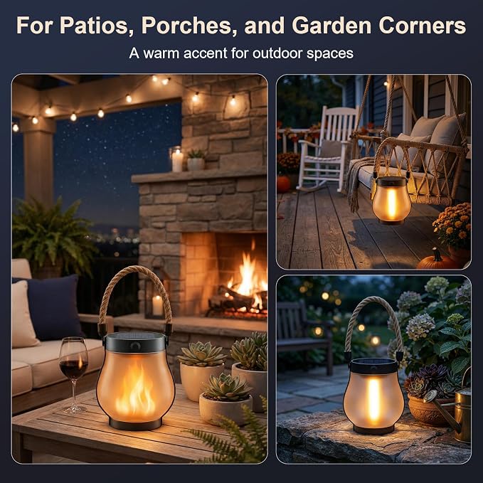 Solar Lanterns Outdoor Waterproof 6-Pack, Flickering Flame Effect | Rechargeable lanterns with USB-C charging, a decorative hanging design, and dusk-to-dawn use for patios, porches and gardens