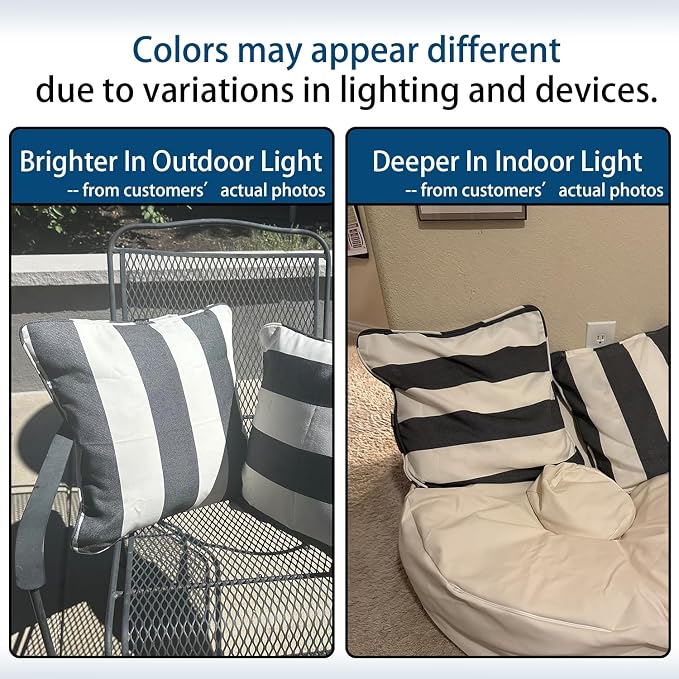 Outdoor Throw Pillow with Insert 18x18 Inch, Set of 2, Piping Edge Waterproof Fade Resistant Decorative Fluffy Pillows for Patio Furniture Chair Bench Couch Sofa - Black Ivory Striped
