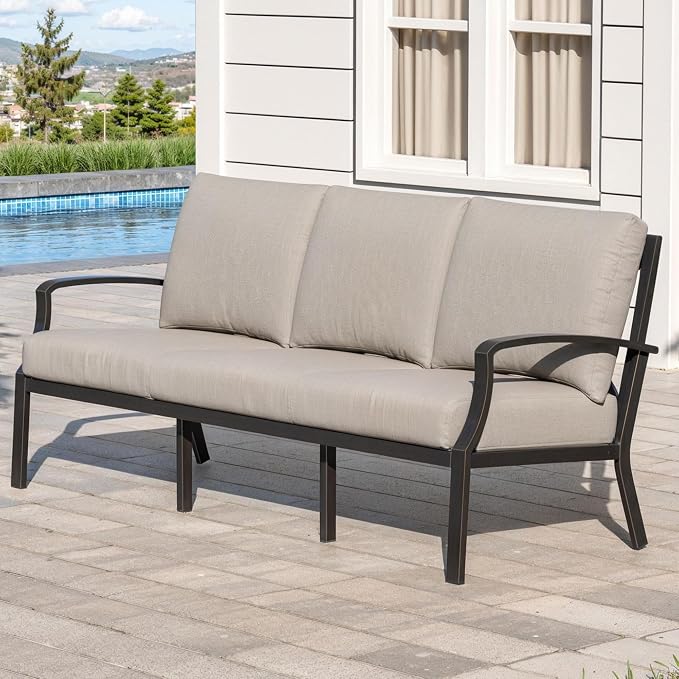 3-Seater Outdoor Patio Couch, Patio Sofa with Cushion, Dark Bronze | Never-Rust Aluminum, Spacious Design, Removable Cover, Outdoor Sofa Patio Sofa Couch For Backyard & Garden, Club Sofa Style