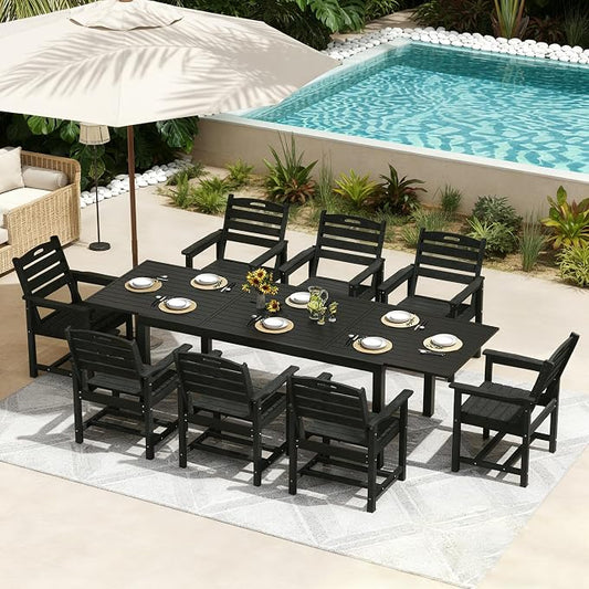 PIZZELLO 9 Pieces Outdoor Dining Set, 106" Extendable Aluminum Patio Dining Table w/ 8Pcs HDPE Patio Chairs, All Weather Outdoor Table and Chairs Sets for Backyard, Garden and Deck