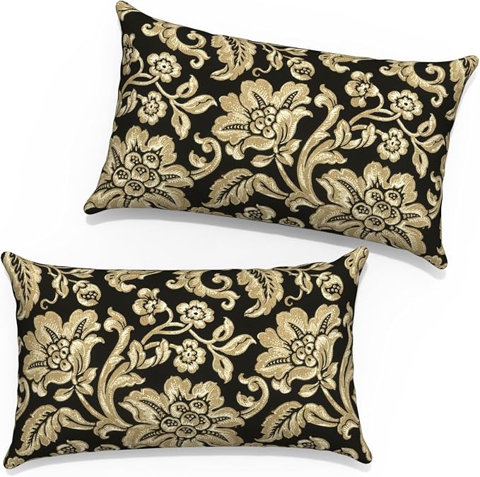 12x20 Inch Lumbae Pillow Covers, Rectangle Waterproof Throw Covers Set of 2, Decorative Patio Furniture Cushion Cases for Porch Garden, Jacobean Black