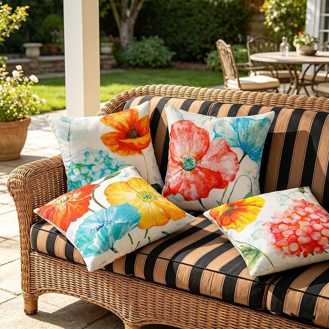 Summer Outdoor Throw Pillow Covers Waterproof, Lotus Flower Hydrangea Decor | 18x18 Summer Outdoor Pillow, Lotus Flower Decor, Hydrangea Pillow Covers, Set of 4, Outdoor Pillows for Porch Patio Furniture