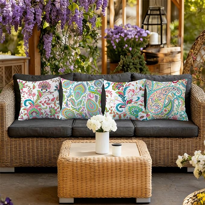 NIGHTWISH Outdoor Waterproof Pillow Covers 18x18 Set of 4 Spring Summer Floral Boho Decorative Outdoor Throw Pillows Paisley Cushion Cases for Patio Furniture Bench Couch Sunbrella