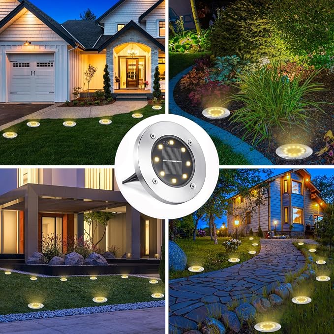 LYHOPE Solar Ground Lights Outdoor, 8 Pack 8 LED Solar Disk Lights Waterproof Garden In-ground Pathway Light Landscape Lighting for Lawn,Yard,Deck,Patio,Walkway (Warm White)