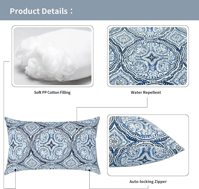 Outdoor Lumbar Pillows 12x20 inch, Rectangle Throw Pillows with Inserts, Decorative Lumbar Cushions for Patio Furniture Garden Couch Home Sofa Office Chair, Pack of 2,Medallion Blue