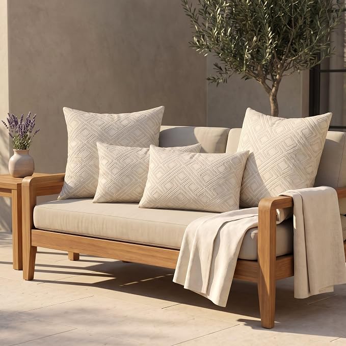 RSH DECOR: Sunbrella Lumbar & Square Pillows Set of 4 | 20" x 12" & 17" x 17" | Water & Fade-Resistant Performance Fabric | Outdoor Throw Pillows for Patio Furniture | Made in USA (Integrated Pewter)