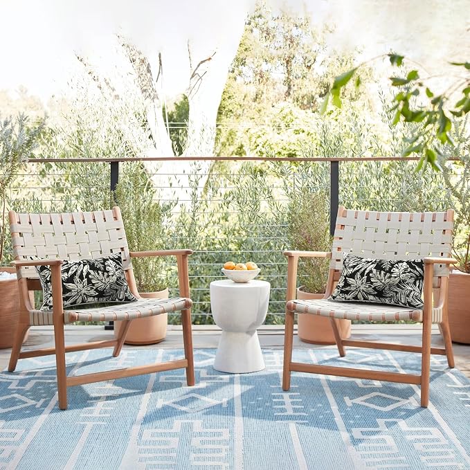 LVTXIII 2 Pack Outdoor Lumbar Pillows 12x20 Inch with White Piping, Fade Resistant Support Throw Pillows with Inserts for Patio Furniture, Sofa, Chair, Tropical Leaf Black