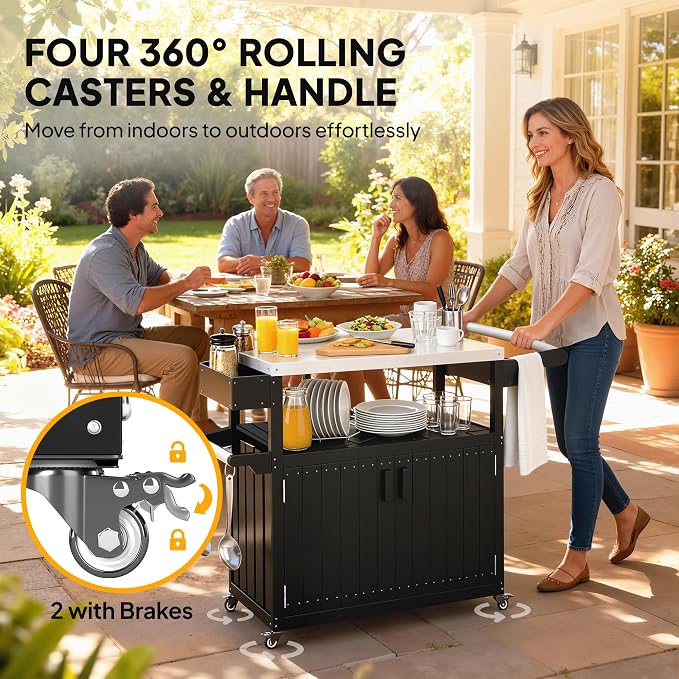 Outsunny Outdoor Bar Cart with Storage Cabinet, Stainless Steel Top Kitchen Island on Wheels, HDPE Outdoor Bar Table, Movable Patio Beverage Food Prep Table for BBQ Picnic, Black