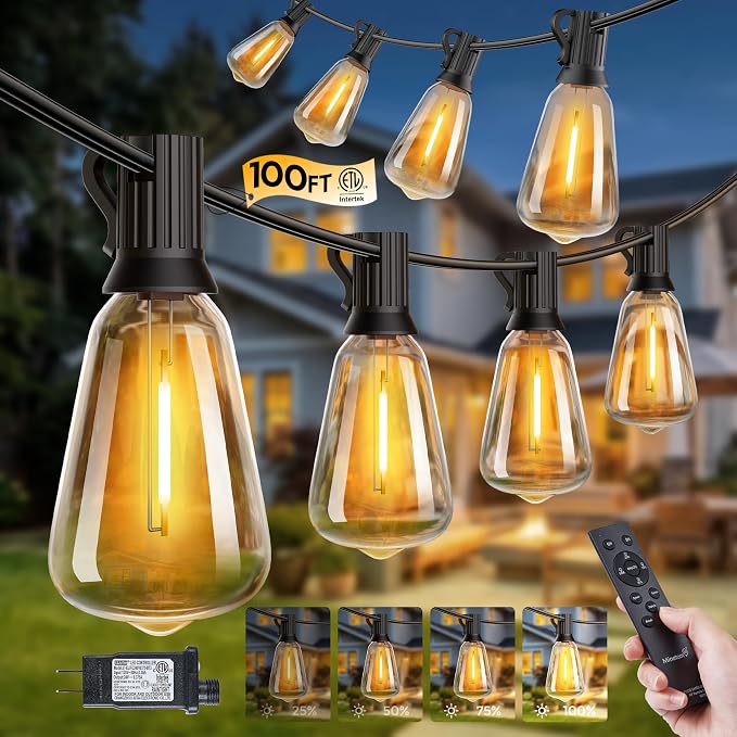 Minetom 100FT Outdoor String Lights with Remote, ST38 Patio Lights Dimmable | Waterproof Connectable LED Christmas Lights with 3 Modes, Shatterproof Outside Lights for Backyard Porch Garden Deck Decor