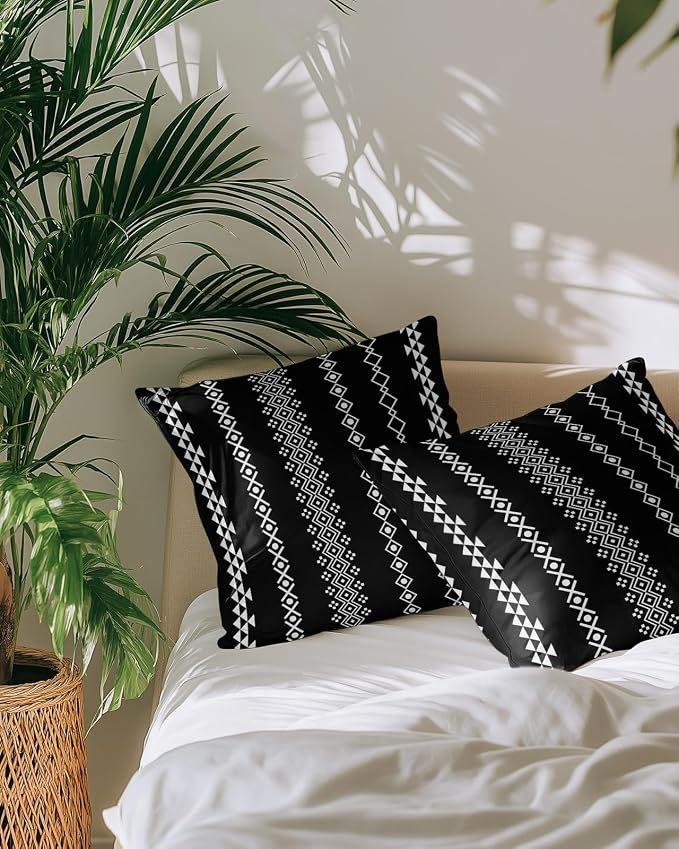 Outdoor Waterproof Throw Pillows 12x20in, Traditional Tribal White Diamond Patio Pillows Pack of 2, Decorative Pillow Covers with Insert, Pillow Cushion Case for Garden Boho Geometric on Black