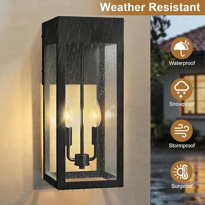 2-Pack 17.87" Extra Large Outdoor Wall Lights with GFCI Outlet, Black 2-Light Porch Lights Outdoor, Waterproof Exterior Lamp with E12 Sockets for House, Porch, Patio, Garage